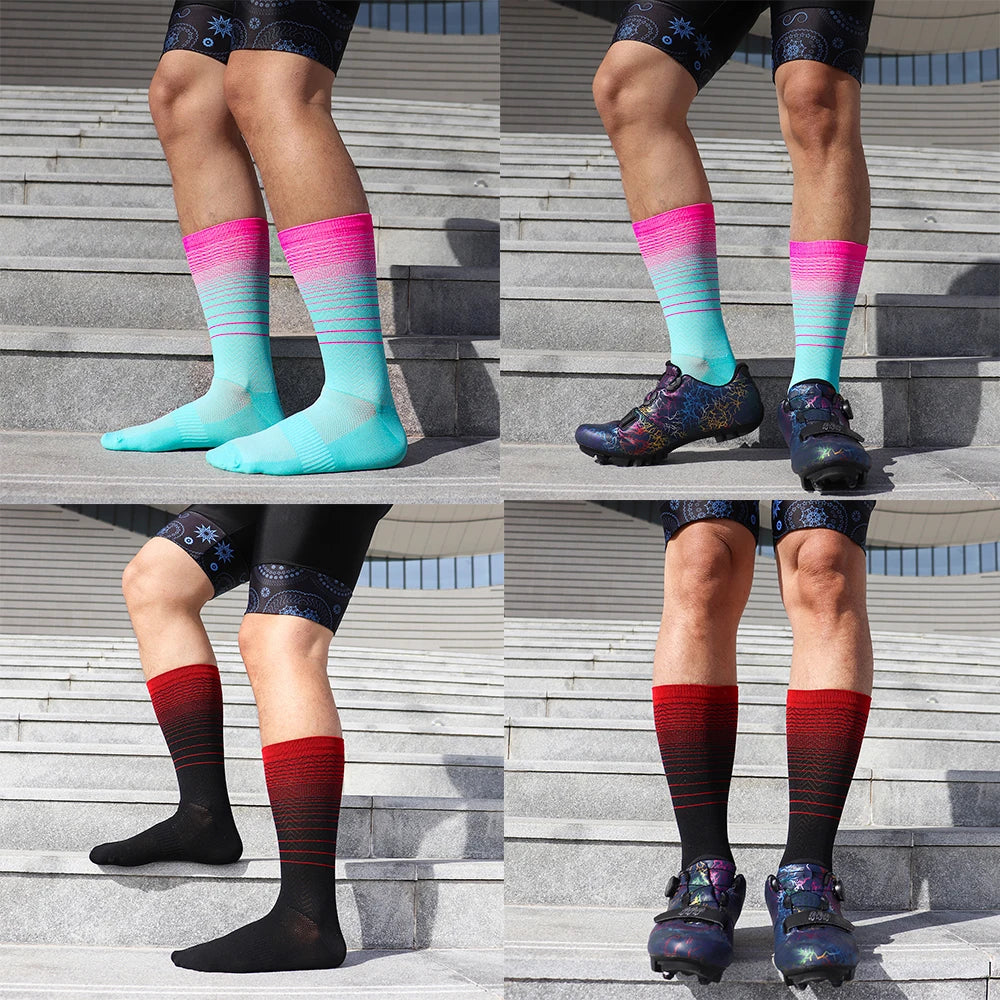 Medias de compresión para Running y Ciclismo con diseño de rayas delgadas